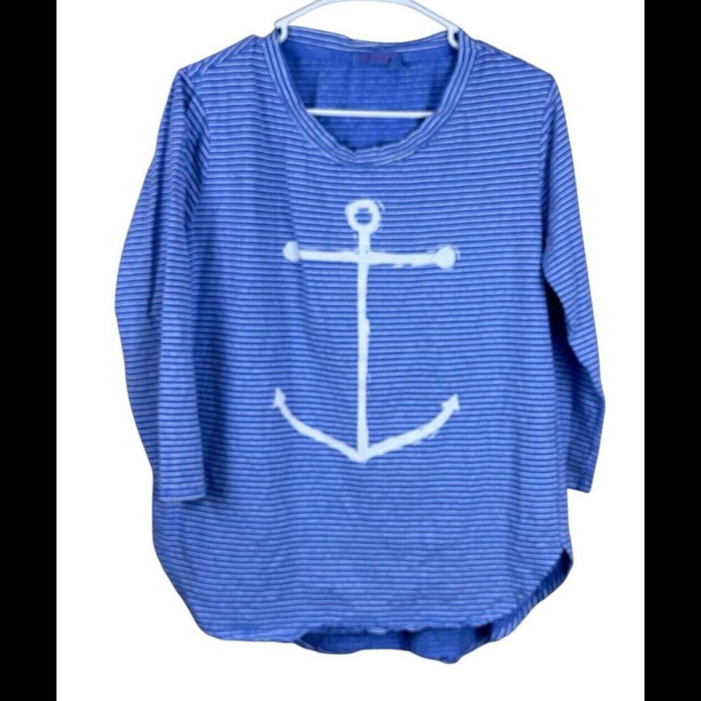 Fresh Produce‎ WOMENS SHIRT M Catalina Nautical Anchor Striped ¾ Sleeve CRUISE